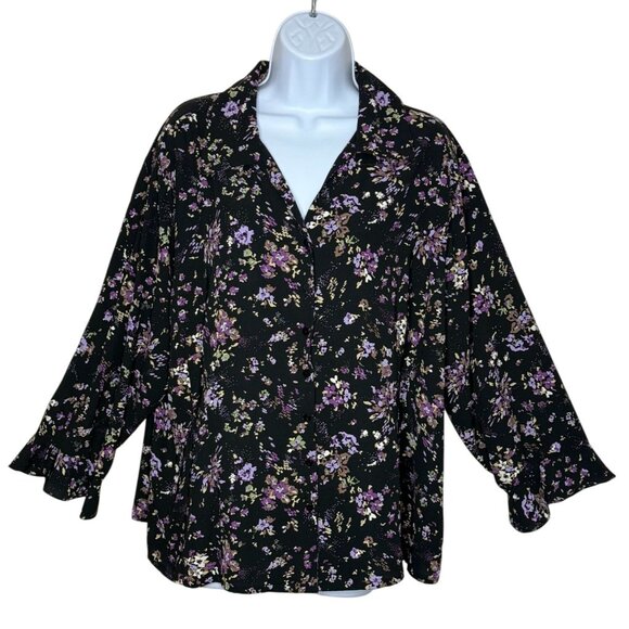 Covington Tops - Covington Full Button Front Blouse Dark Floral Plus Sz 20-22W‎ Feminine Romantic